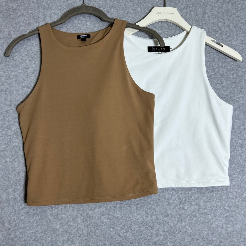 New Express Tank Top Bundle Women Small Brown White Cropped High Neck Minimal